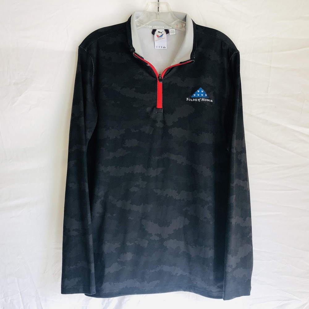 Puma Volition America Pullover Mens Small Black Camo Quarter Zip Folds of Honor